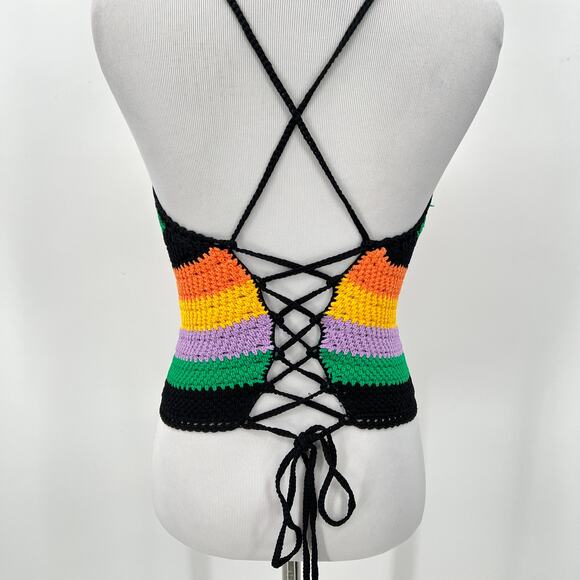 MAJE Stripe Crochet Halterneck Top Womens Medium Chevron Rainbow Stripe NEW - Picture 5 of 16